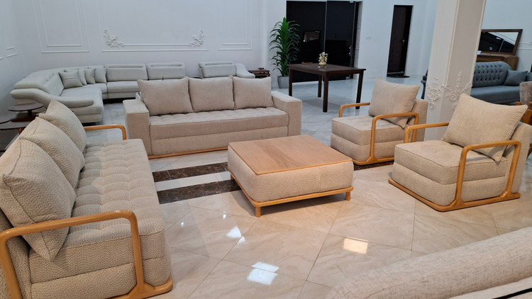 مبل مینیمال آنیل هشت نفره پشت کوسن رنگ کرم